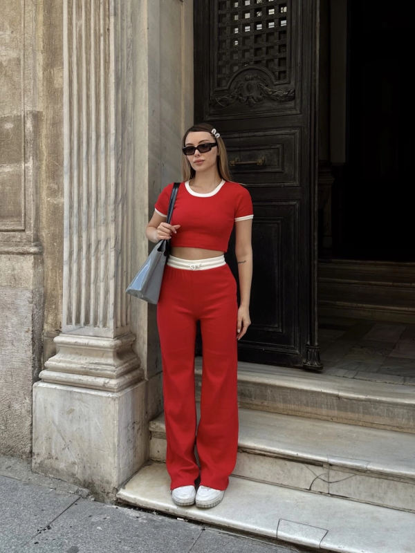 Crop pantolon biyeli takım kırmızı&hellip;