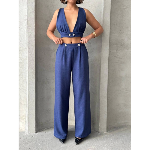 Crop pantolon keten takım s255012