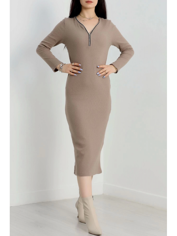 Fermuar detaylı fitilli şardonlu elbise bej&hellip;