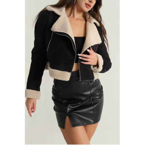 İçi kürklü dışı süet kısa kaban siyah
