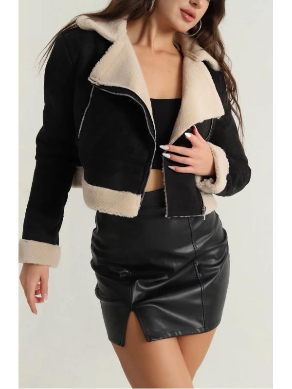İçi kürklü dışı süet kısa kaban siyah&hellip;