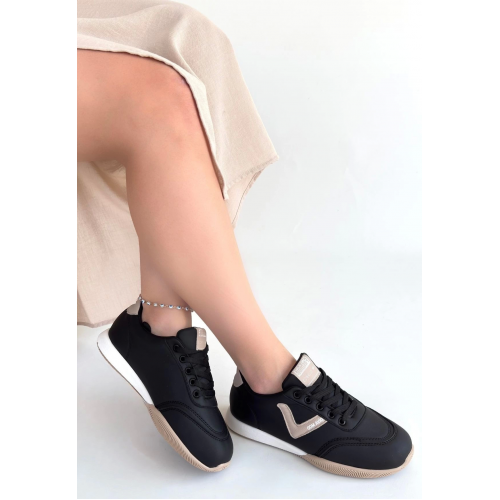 Jowen Siyah Cilt Bej Detaylı Bağcıklı Spor Ayakkabı