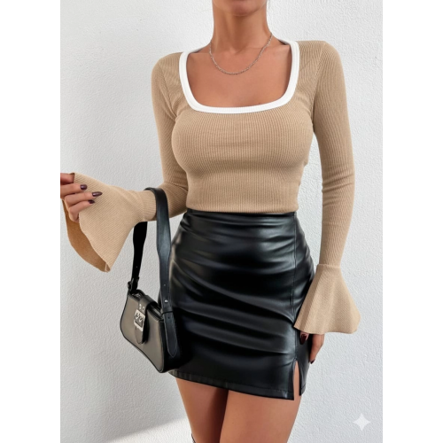 Kare yaka garni detay ispanyol kol bluz bej