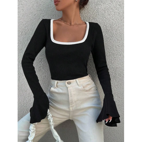 Kare yaka garni detay ispanyol kol bluz siyah