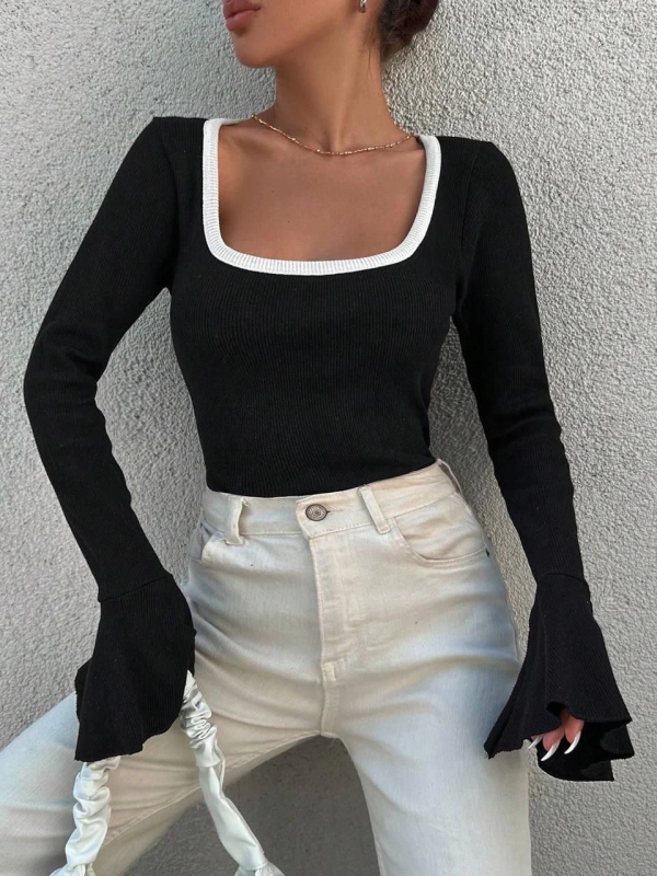 Kare yaka garni detay ispanyol kol bluz siyah&hellip;