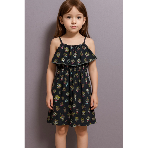 Karikatür baskılı askılı kız çocuk elbisesi lacivert