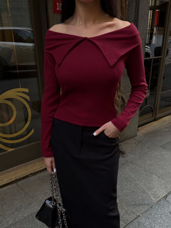 Kelebek yaka uzun kol bluz bordo&hellip;