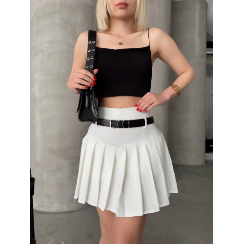 Kemerli piliseli şort etek beyaz s25305