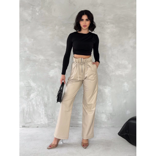 Kendinden ince kemerli deri pantolon bej