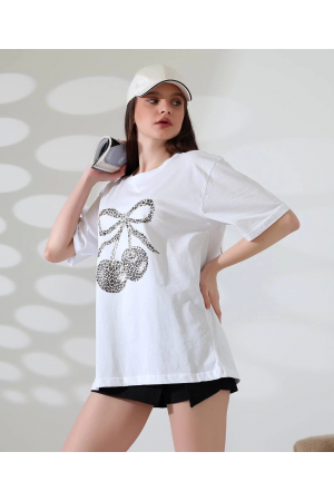 Leopar desenli kiraz baskılı tişört&hellip;