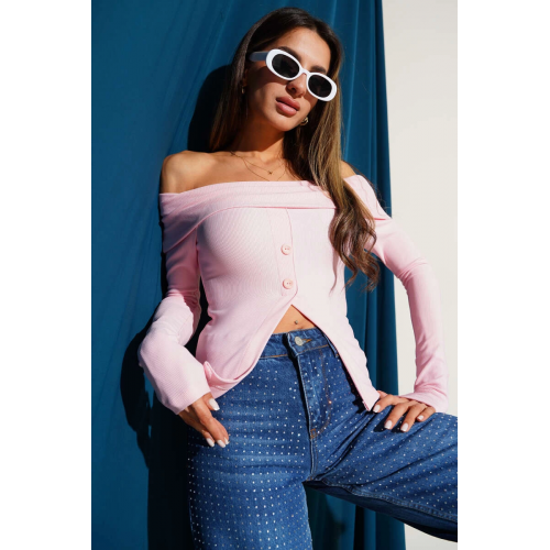 Madonna Yaka Düğmeli Bluz pembe