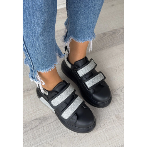 Nino Siyah Cilt Simli Cırt Cırtlı Spor Ayakkabı