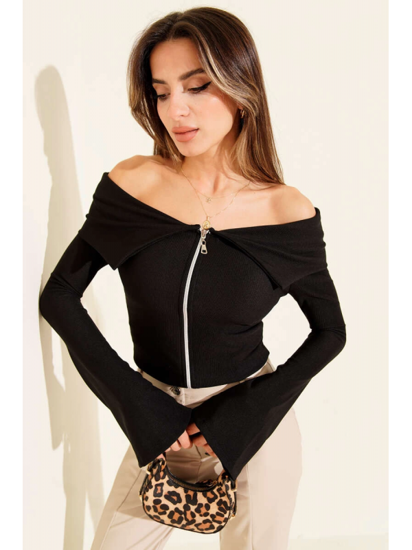 Omzu Açık Fermuarlı Bluz siyah T4330&hellip;