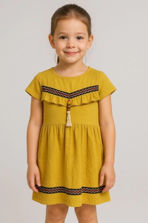 Önü püsküllü boncuk detaylı kız çocuk elbisesi hardal&hellip;