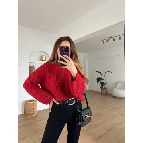 Salaş delik detaylı kazak kırmızı