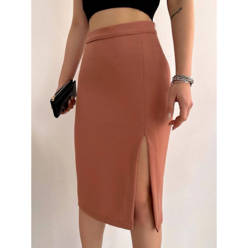 Uzun midi boy yırtmaçlı etek somon s24907