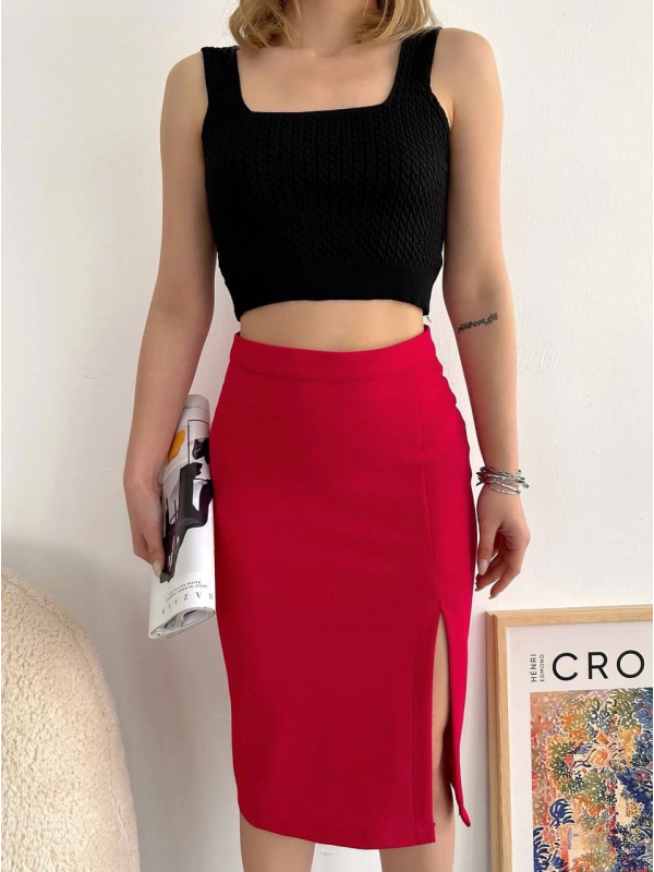 Yırtmaçlı esnek kumaş midi boy etek koyu kırmızı&hellip;