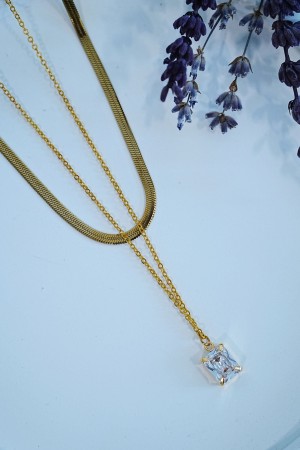 Altın Renk Baget Taşlı İtalyan Bakla Zincir Kadın Çelik Kolye –&hellip;