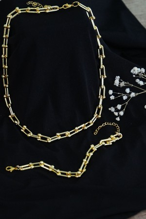 Gold Renk Kadın Kalın Zincir Takı Seti Kolye ve Bileklik 2li&hellip;