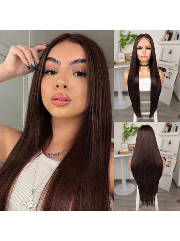 Kahverengi Ekstra Uzun Fiber Sentetik Düz Tül Peruk&hellip;
