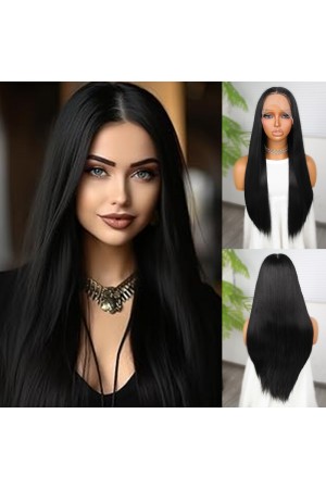 Siyah Fiber Sentetik Düz Tül Peruk&hellip;