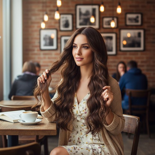 Uzun Su Dalgası Fiber Sentetik Peruk / Kahve Karamel