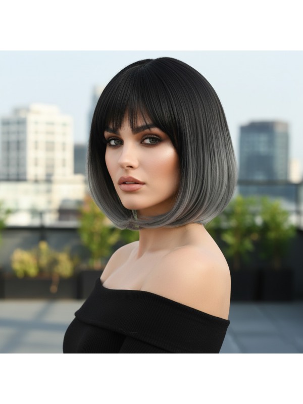 Küt Perçemli Fiber Sentetik Peruk / Siyah / Gri Ombreli&hellip;