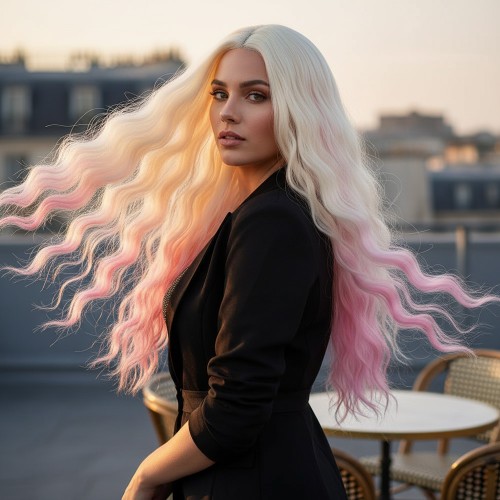 Fiber Sen Uzun Su Dalgası Peruk / Platin / Pembe Ombreli