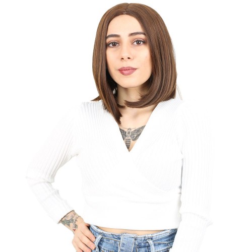 Fiber Sentetik Peruk Perçemsiz Kısa Düz / Kahve Karamel