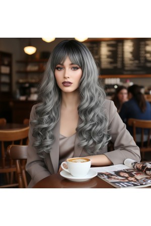 Dalgalı Perçemli Uzun Fiber Sen Peruk / Siyah / Gri Ombreli&hellip;