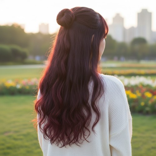 Fiber Sentetik Dalgalı Yarım Ay + 2 Yan Çıt Çıt / Koyu Kızıl