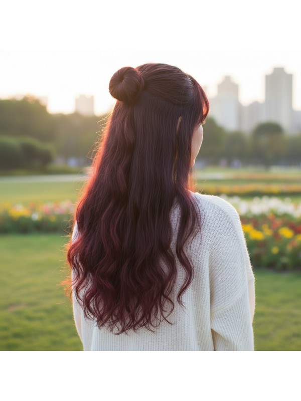 Fiber Sentetik Dalgalı Yarım Ay + 2 Yan Çıt Çıt / Koyu Kızıl&hellip;