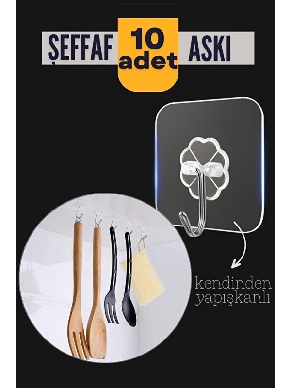 10'lu Şeffaf Kendinden Yapışkanlı Güçlü Askı Kancası, Ban… 10'lu Şeffaf Kendinden Yapışkanlı Güçlü Askı Kancası, Ban…
