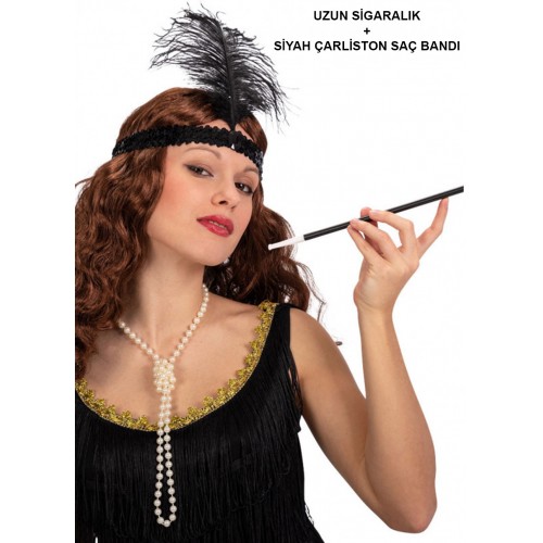 1920'ler Gatsby Aksesuar Seti – Siyah Charleston  Bandı & Sigaralık