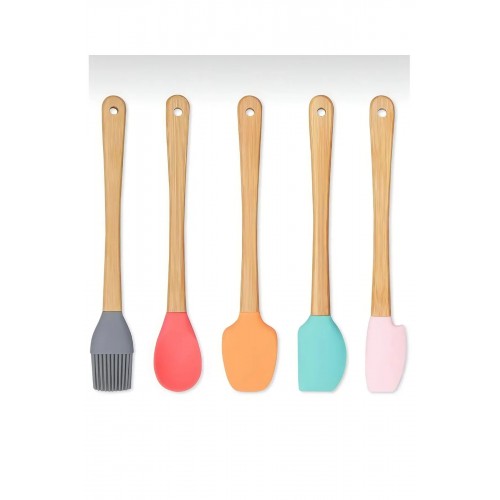 5'li Renkli Ahşap Saplı Silikon Uçlu Spatula Fırçalı Kaşık Seti -Yemek Hazırlık Seti 21 Cm 5'li Renkli Ahşap Saplı Silikon Uçlu Spatula Fırçalı Kaşık Seti -Yemek Hazırlık Seti 21 Cm