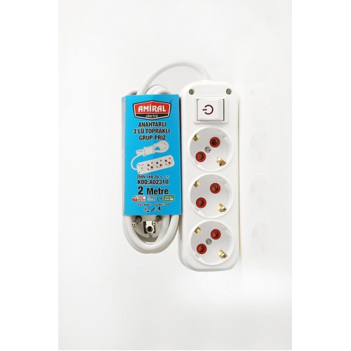 Amiral 3' lü Topraklı Anahtarlı 2 Metre Kablolu Grup Priz Amiral 3' lü Topraklı Anahtarlı 2 Metre Kablolu Grup Priz