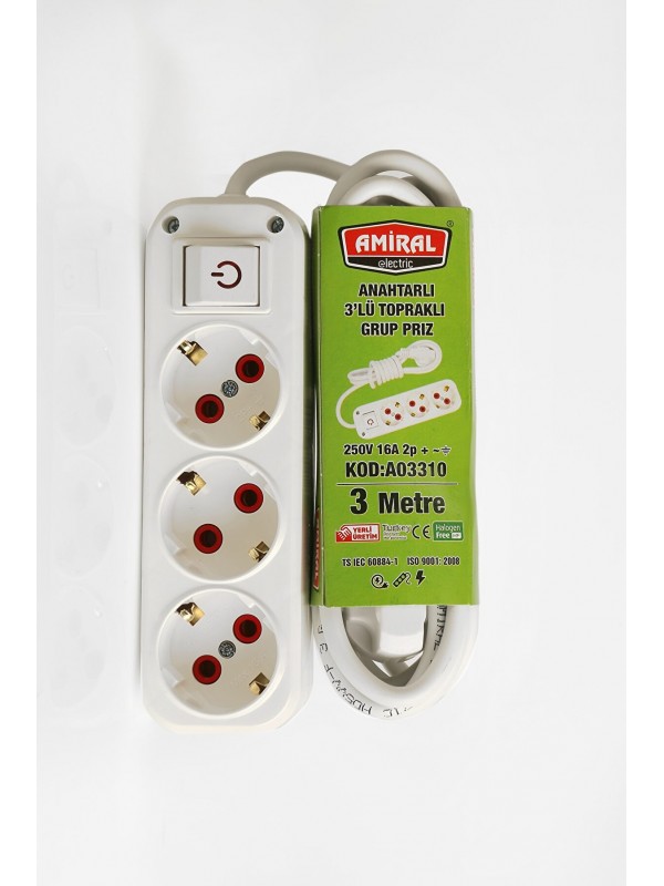Amiral 3' lü Topraklı Anahtarlı 3 Metre Kablolu Grup Priz&hellip;