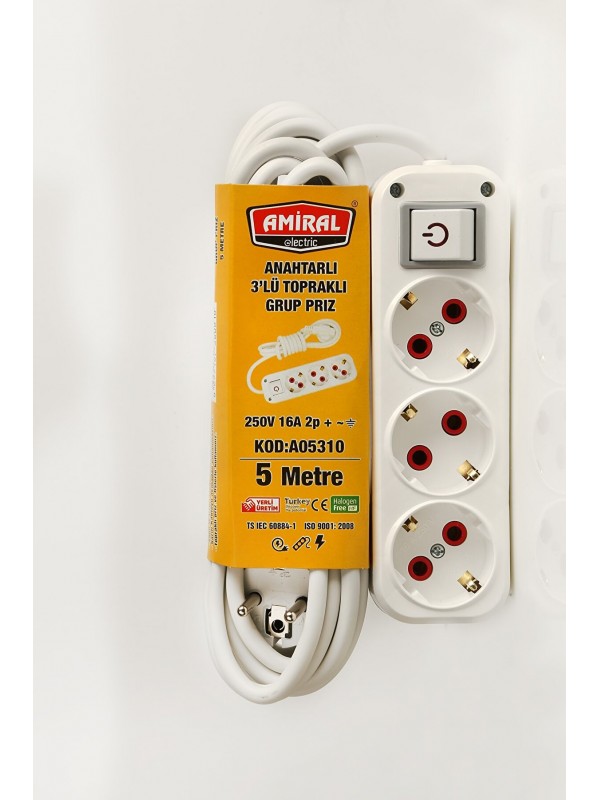 Amiral 3' lü Topraklı Anahtarlı 5 Metre Kablolu Grup Priz… Amiral 3' lü Topraklı Anahtarlı 5 Metre Kablolu Grup Priz…
