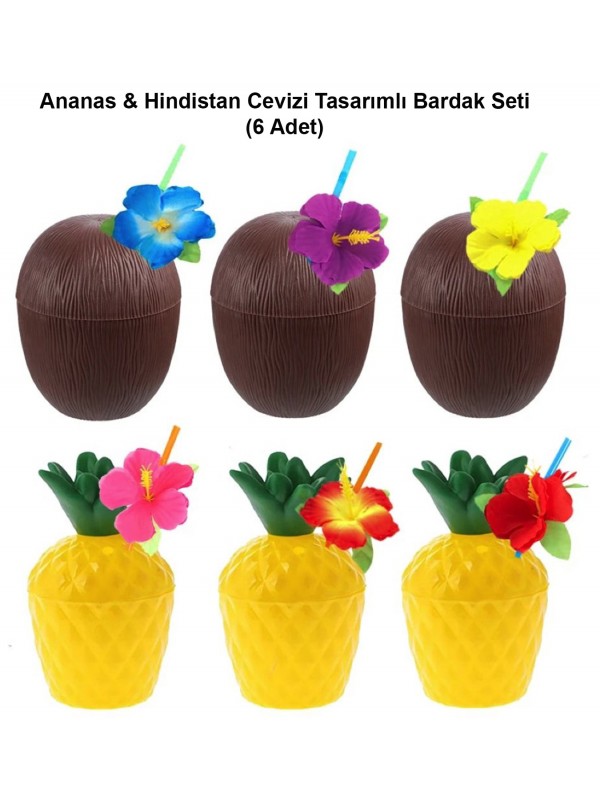 Ananas & Hindistan Cevizi Tasarımlı Pipetli Bardak Seti (6 Adet)&hellip;
