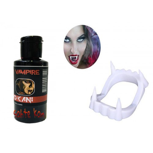 Beyaz Renk Çift Damak Takma Vampir Dişi ve 50 gr Tiyatro Kanı Beyaz Renk Çift Damak Takma Vampir Dişi ve 50 gr Tiyatro Kanı