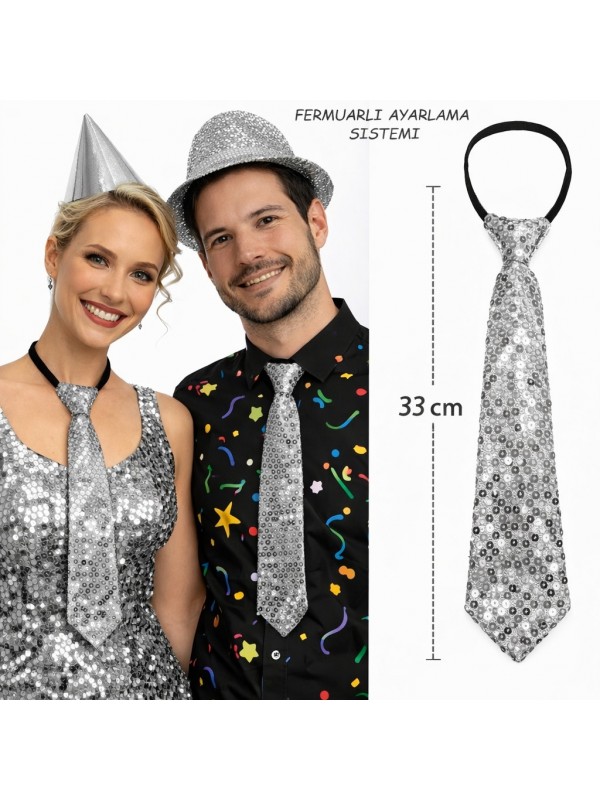 Gümüş Renk Pul Payetli Işıltılı Parti Kravatı 33 cm… Gümüş Renk Pul Payetli Işıltılı Parti Kravatı 33 cm…