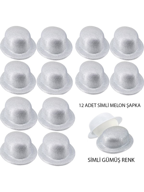 Gümüş Renk Simli Melon Yuvarlak Parti Şapkası 12 Adet&hellip;