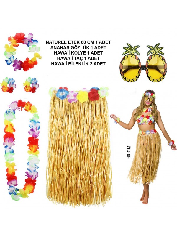 Hawaii Parti Kostüm Seti - 60 cm Hasır Etek, Çiçekli Aksesuarlar ve An&hellip;