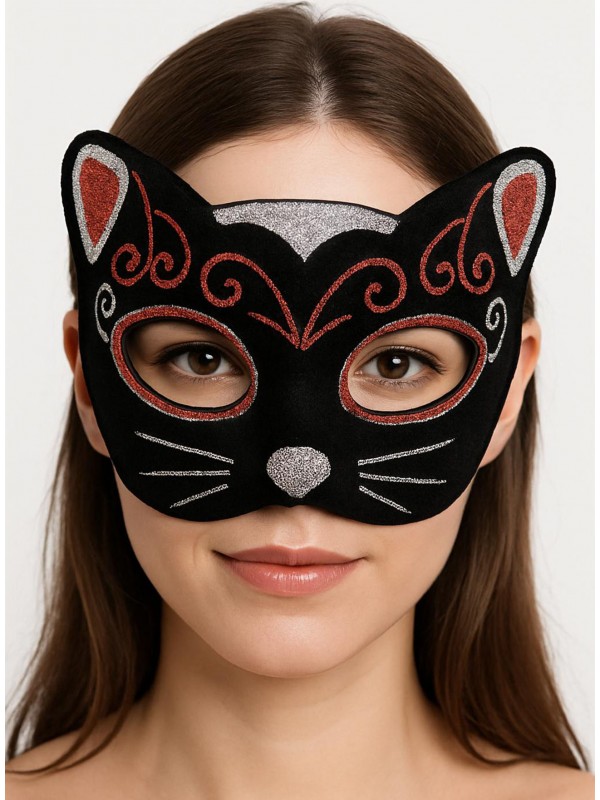 Kadife Dokulu Sim Detaylı Işıltılı Kedi Maskesi Kırmızı Gümüş 2&hellip;