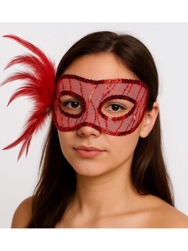 Kırmızı Renk Yandan Tüylü Pul Payet İşlemeli Parti Maskesi 23x12 cm&hellip;