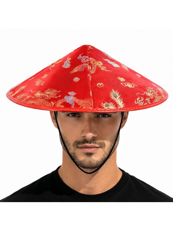Kırmızı Saten Çin Desenli Dragon İşlemeli Şapka – Lastikli&hellip;