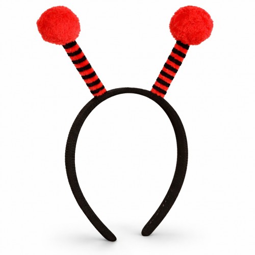 Kırmızı Siyah Uğur Böceği Antenli Taç - Çuk Uğur Böceği Tacı Mega Ponponlu