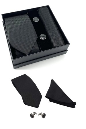 Kravat Düğme Set Siyah Desenli Kravat Mendil Kol Düğmesi Özel Set&hellip;
