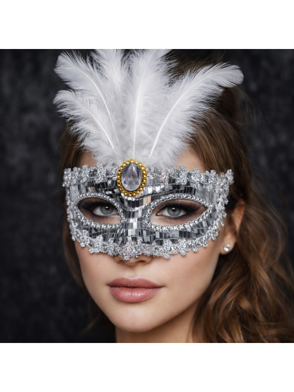 Lüks Gümüş Tüylü Taşlı B Maskesi&hellip;
