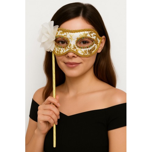 Lüks Taşlı Saplı Maskeli B Maskesi Beyaz Renk 35 cm